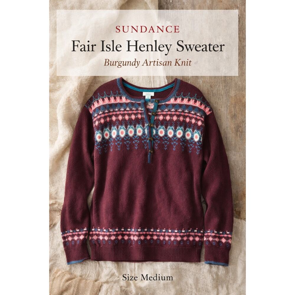 Sundance Innis Fair Isle Henley Sweater M Burgundy Boho Nordic Cottagecore